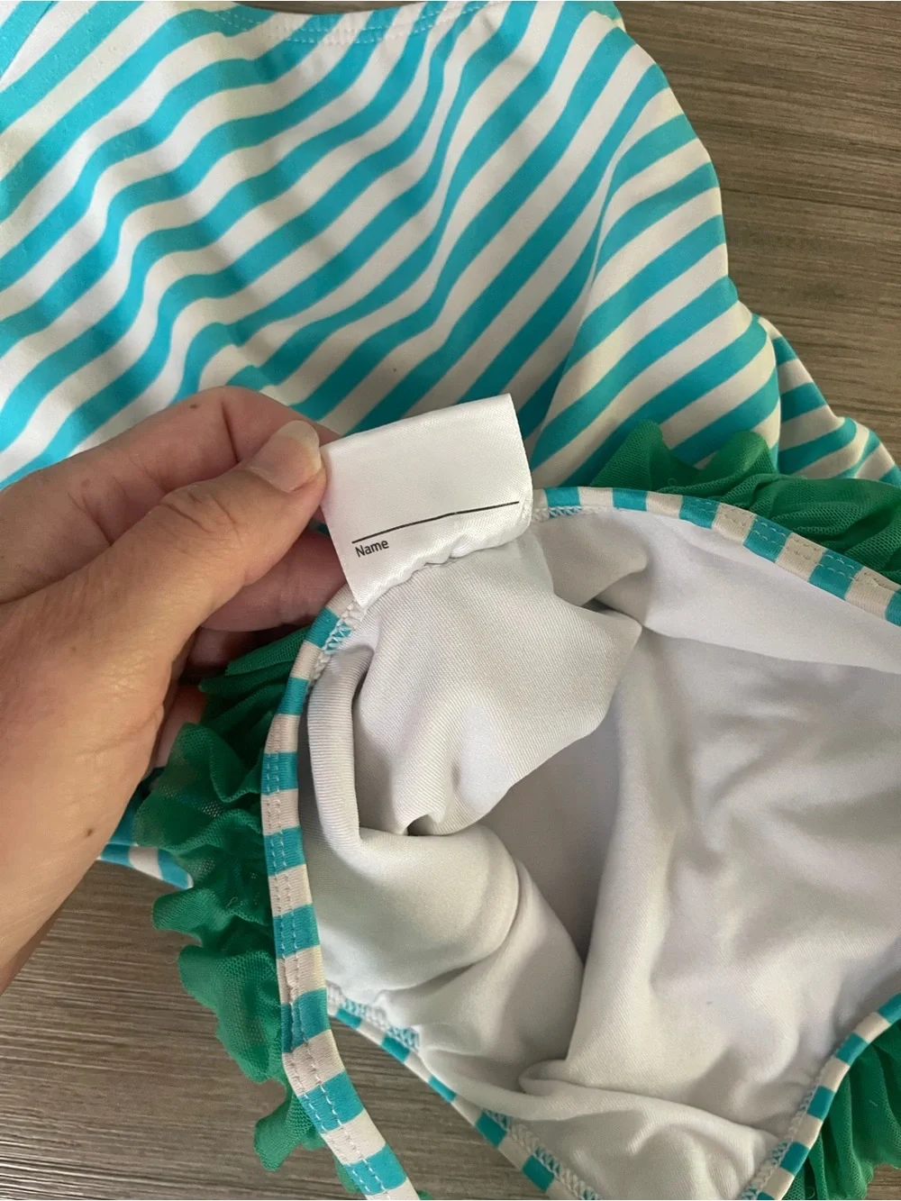Vtg Hanna Andersson Teal White Striped Ruffle One-Piece Swimsuit Scoop Sz 90 3T
